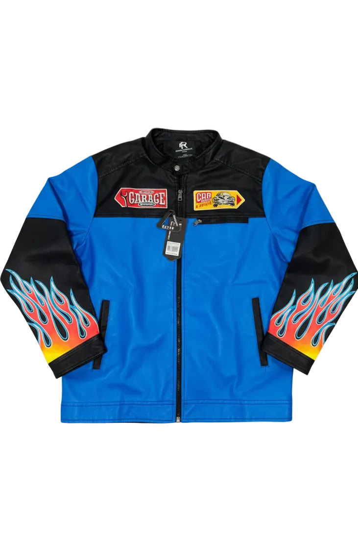 Refinery Republic Men's Racer Faux Leather Biker Jacket - Blue/Black