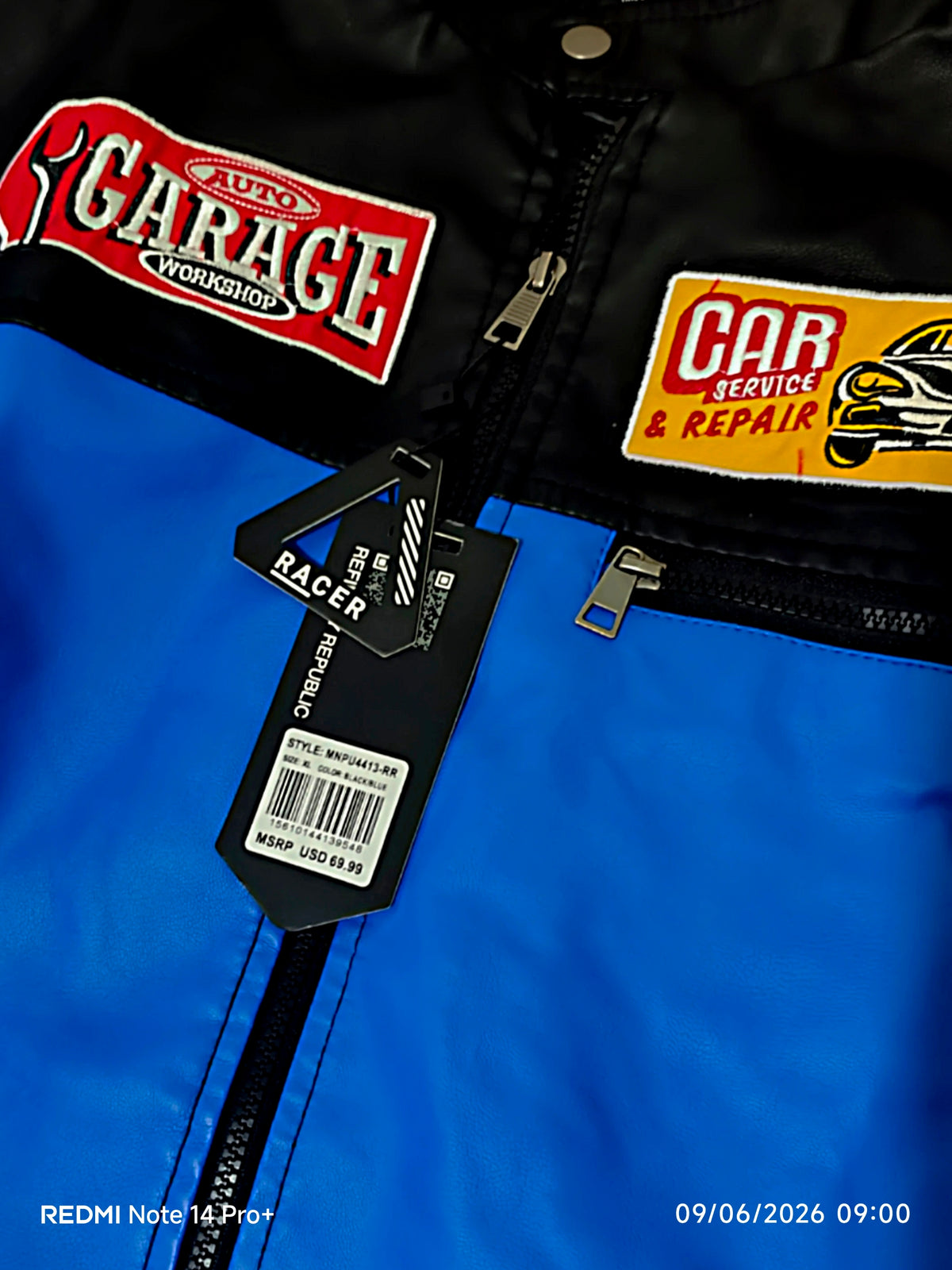 Refinery Republic Men's Racer Faux Leather Biker Jacket - Blue/Black