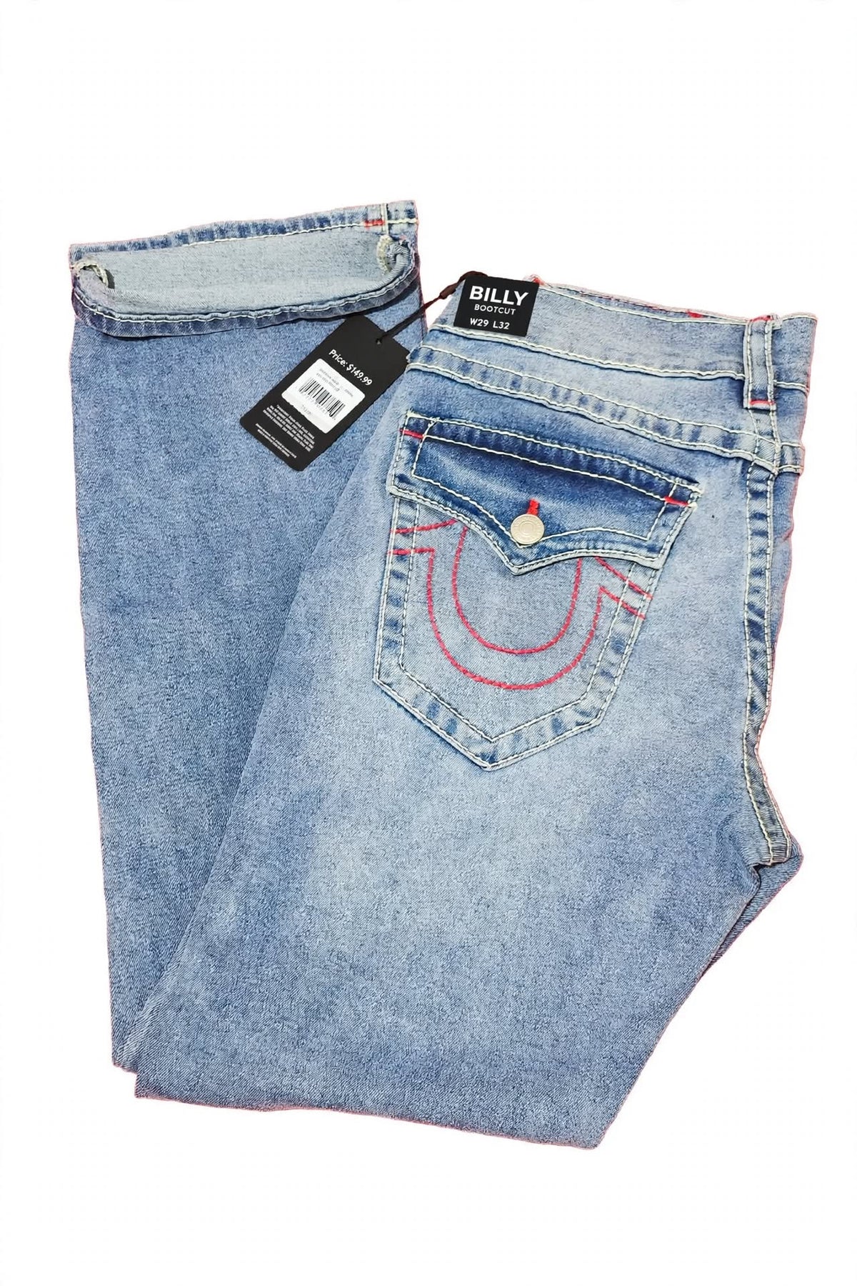 True Religion Billy Big T Relaxed Bootcut Jeans - W32 L33.5 - Light Vintage Wash - Red Stitch