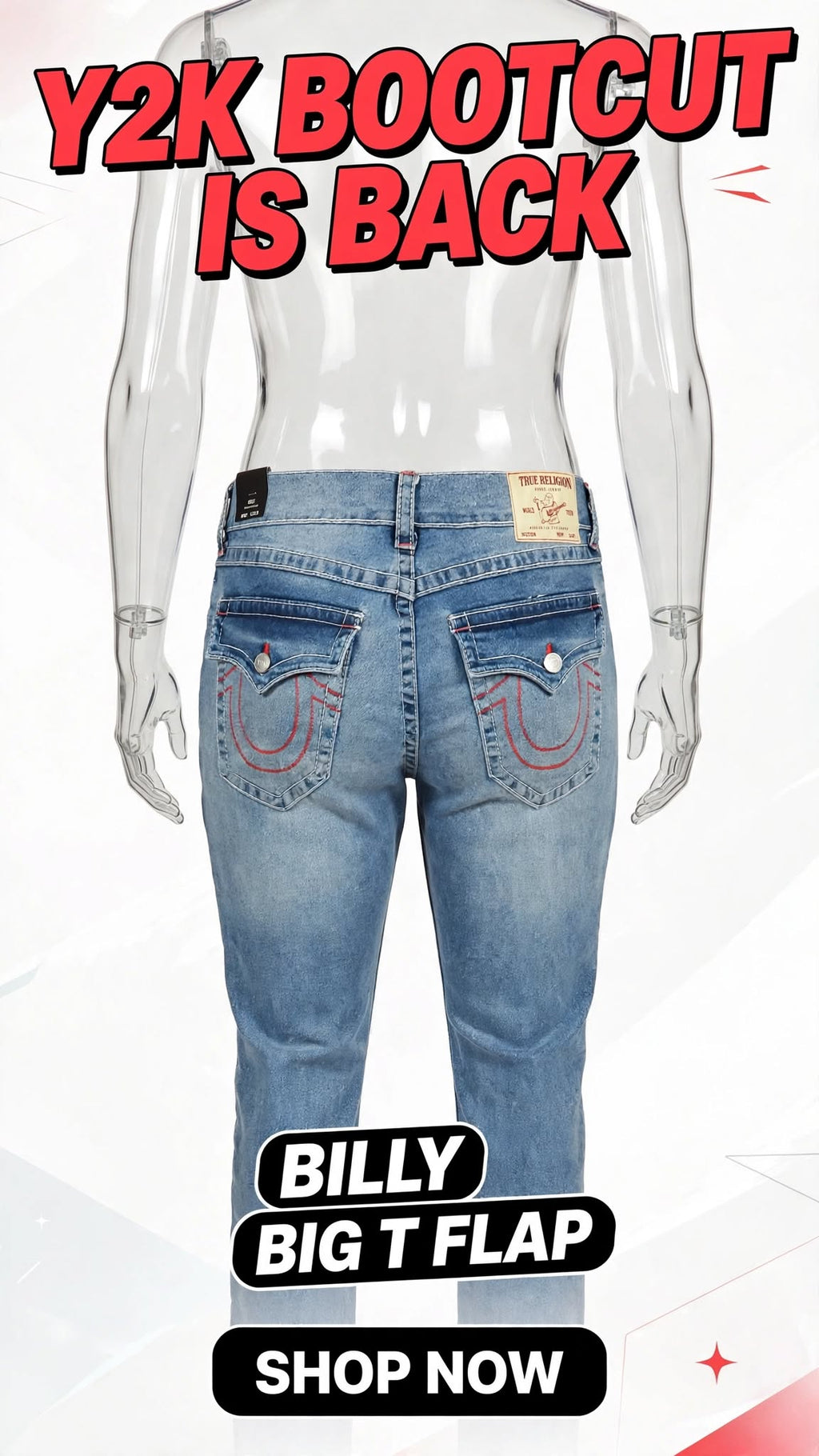 True Religion Billy Big T Relaxed Bootcut Jeans - W32 L33.5 - Light Vintage Wash - Red Stitch