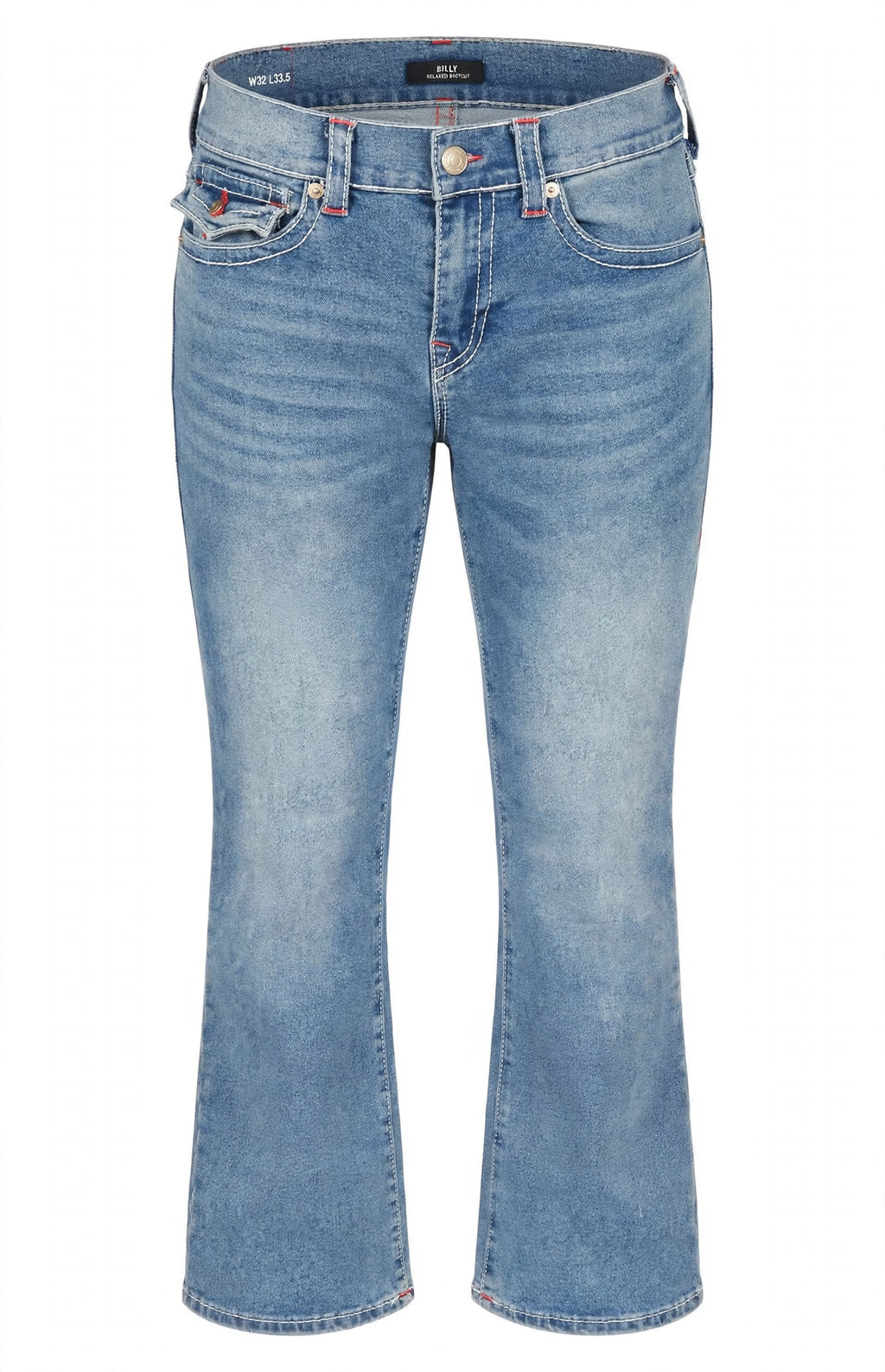 True Religion Billy Big T Relaxed Bootcut Jeans - W32 L33.5 - Light Vintage Wash - Red Stitch