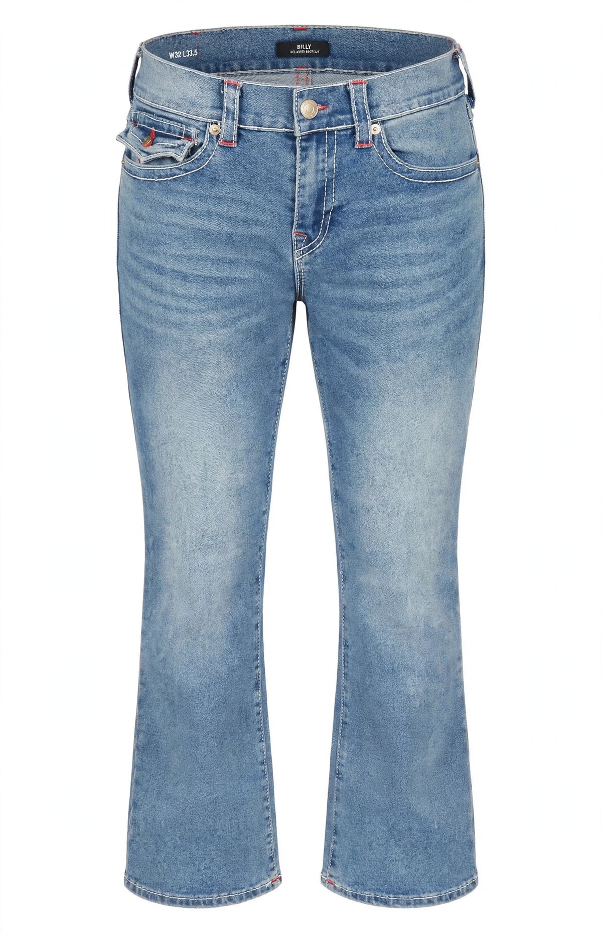 True Religion Billy Big T Relaxed Bootcut Jeans - W32 L33.5 - Light Vintage Wash - Red Stitch