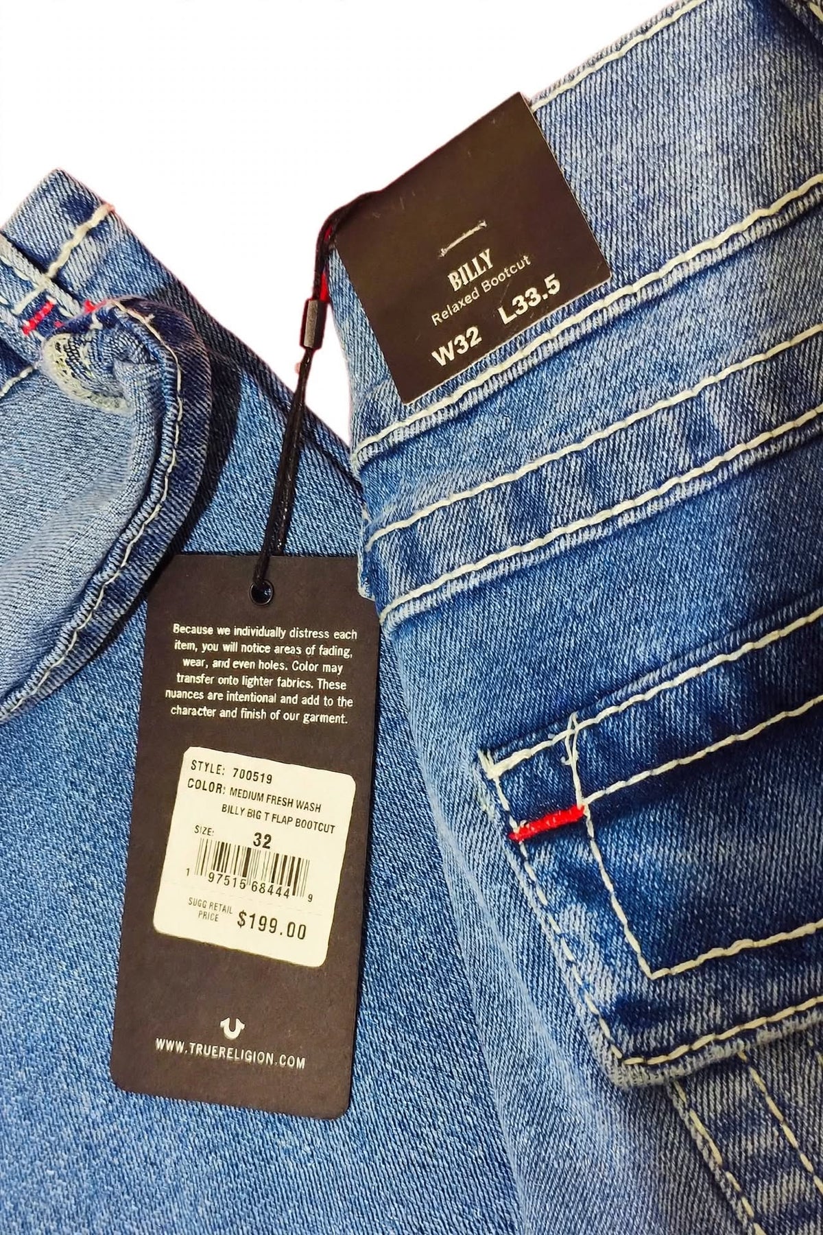 True Religion Billy Big T Relaxed Bootcut Jeans - W32 L33.5 - Light Vintage Wash - Red Stitch