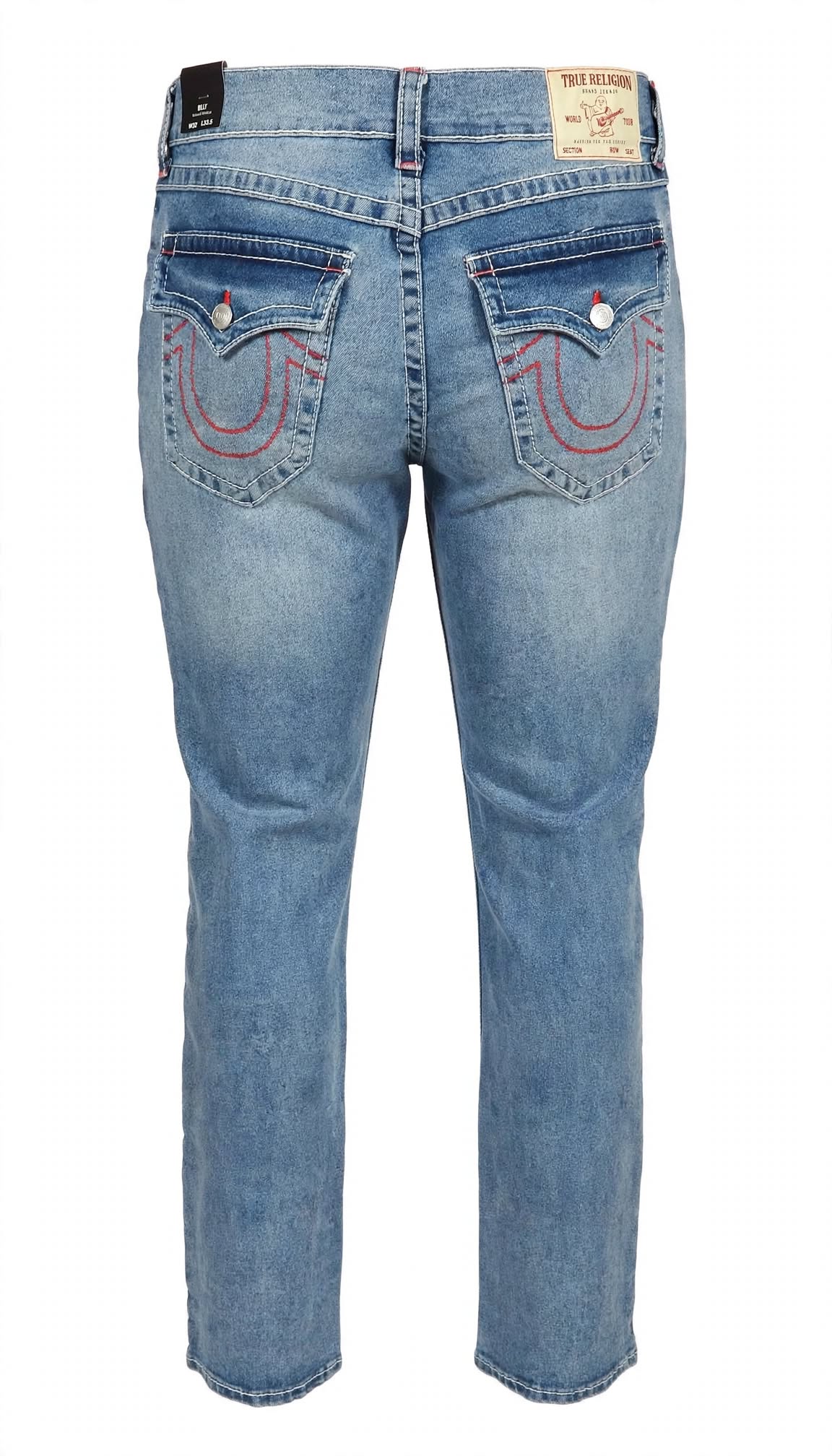True Religion Billy Big T Relaxed Bootcut Jeans - W32 L33.5 - Light Vintage Wash - Red Stitch